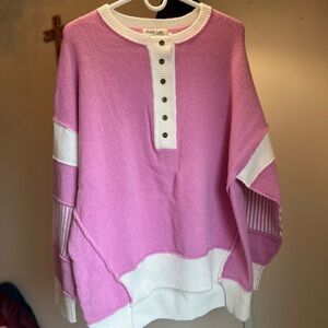 Pink White Cozy Women's 1/4 Button Down Sweater